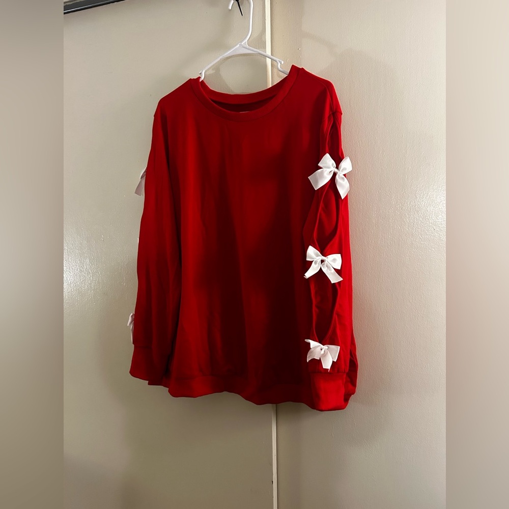 SHEIN red bow sweat with sleeve cutouts